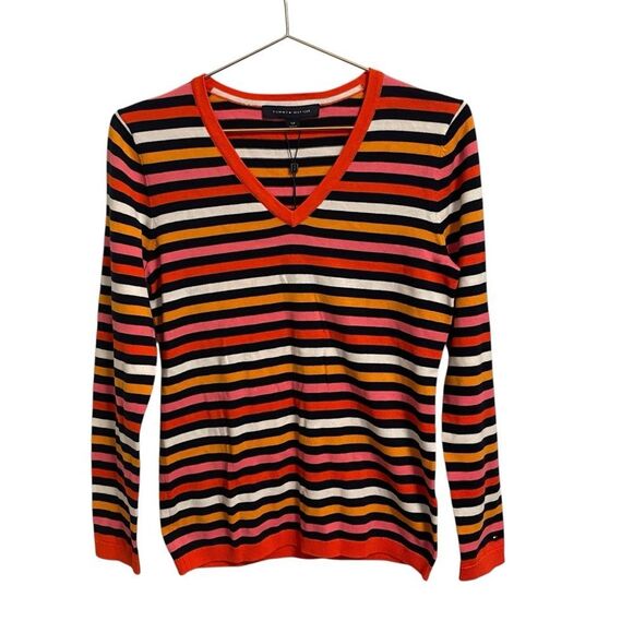 Tommy Hilfiger Stripped V Neck Cotton Long Sleeve Sweater S/P NWT - Picture 1 of 7